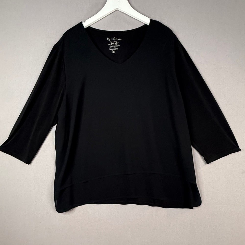 Chico's V-Neck Top Women 4 XXL Black 3/4 Sleeve Layered Hem Elegant Capsule Chic